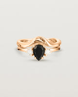 Front view of the Una Pear Trio Ring | Black Spinel & Diamonds | Rose Gold stacked with the Organic Crown Ring. 