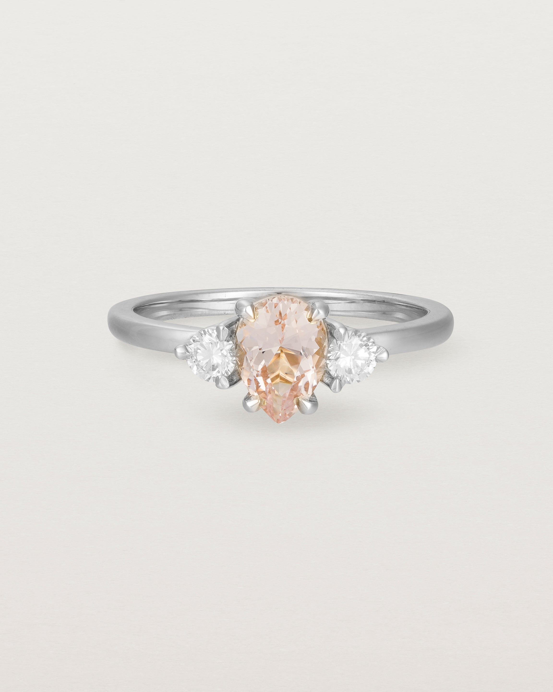 Front view of the Una Pear Trio Ring | Morganite & Diamonds | White Gold.