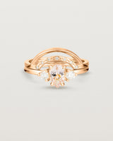 Front view of the Una Pear Trio Ring | Morganite & Diamonds | Rose Gold stacked with the Evette Crown Ring. 