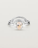 Front view of the Una Pear Trio Ring | Morganite & Diamonds | White Gold stacked with the Evette Crown Ring. 