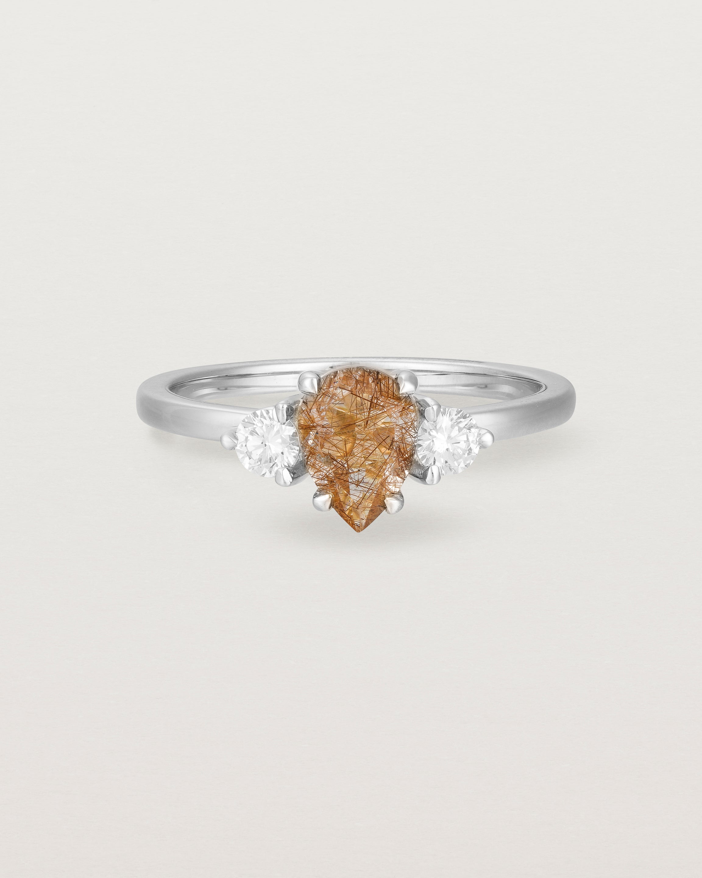 Front view of the Una Pear Trio Ring | Rutilated Quartz & Diamonds | White Gold.