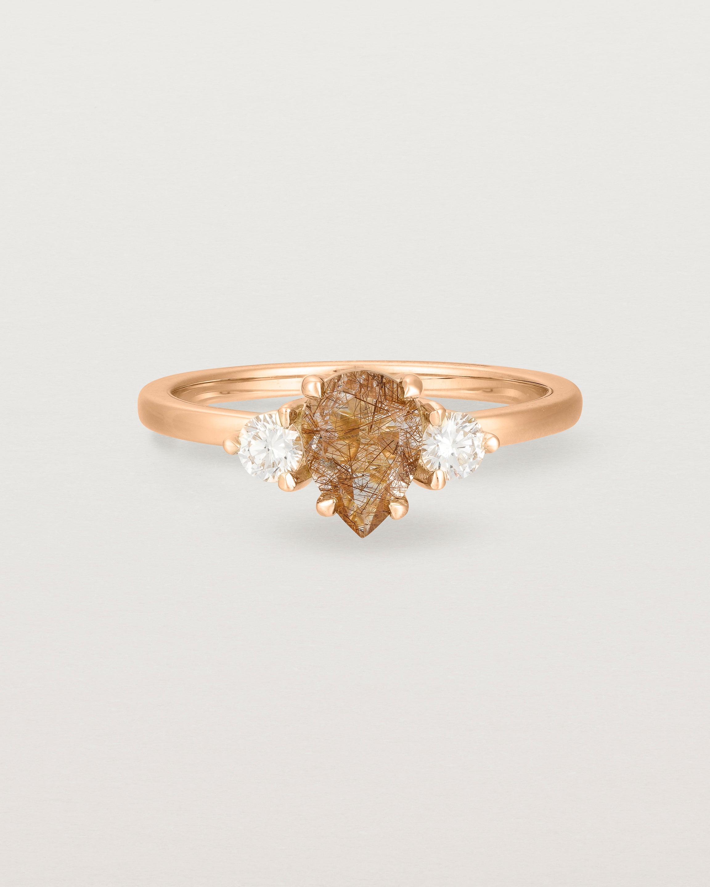 Front view of the Una Pear Trio Ring | Rutilated Quartz & Diamonds | Rose Gold.