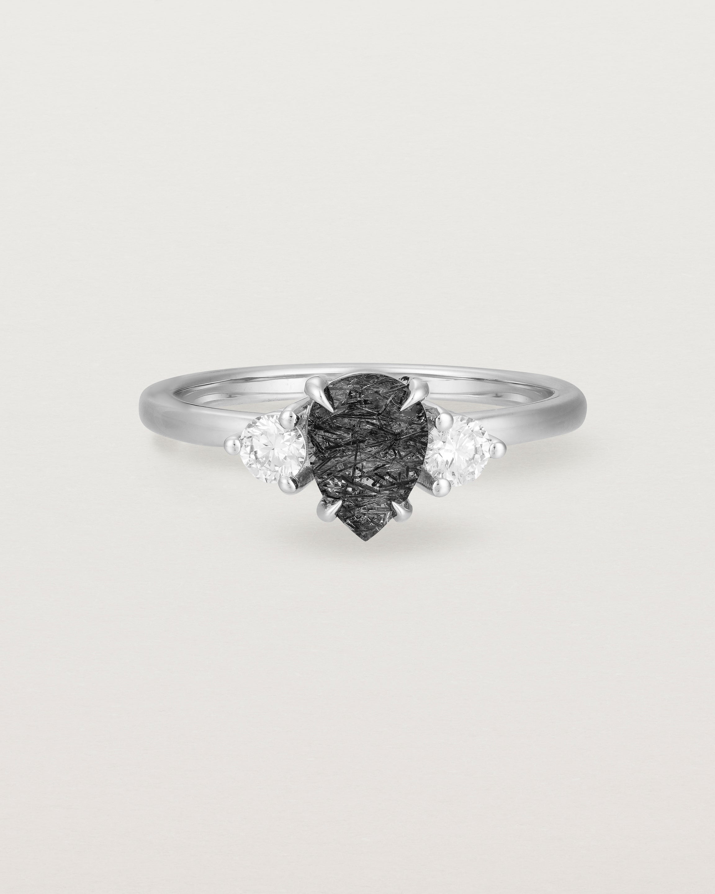 Front view of the Una Pear Trio Ring | Tourmalinated Quartz & Diamonds | White Gold.