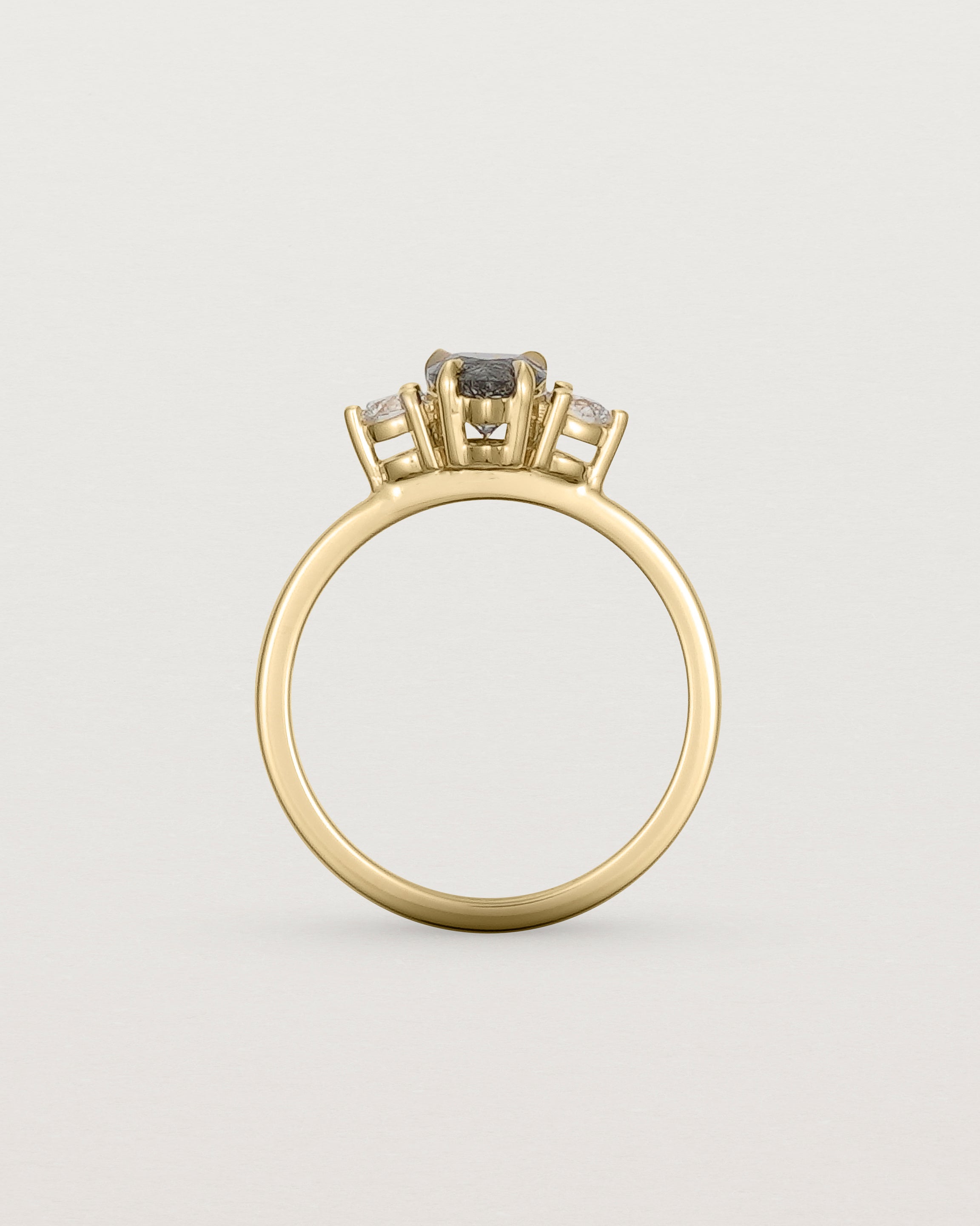 Standing view of the Una Pear Trio Ring | Tourmalinated Quartz & Diamonds | Yellow Gold.