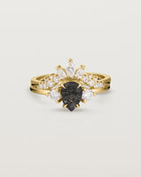 Front view of the Una Pear Trio Ring | Tourmalinated Quartz & Diamonds | Yellow Gold stacked with the Thalia Crown Ring | Diamonds. 