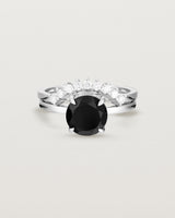 Front view of the Una Round Solitaire | Black Spinel | white Gold paired with the Reina Crown Ring | Diamonds. 