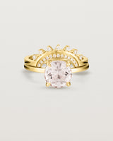 Front view of the Una Round Solitaire | Morganite | Yellow Gold stacked with the Adeline Crown Ring.