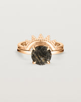 Front view of the Una Round Solitaire | Tourmalinated Quartz | Rose Gold stacked with the Odine Crown Ring.