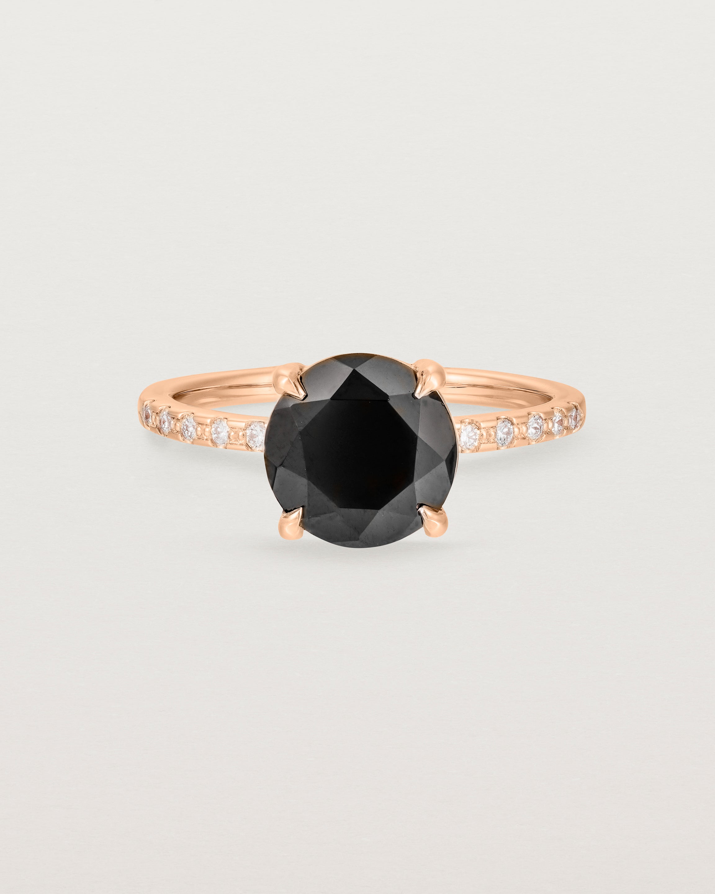 Front view of the Una Round Solitaire | Black Spinel | Rose Gold with Cascade Shoulders