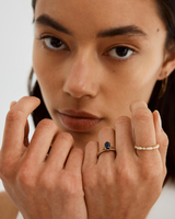A front view of the Thea Oval Solitaire with a dark blue Australian Sapphire in Yellow Gold. 