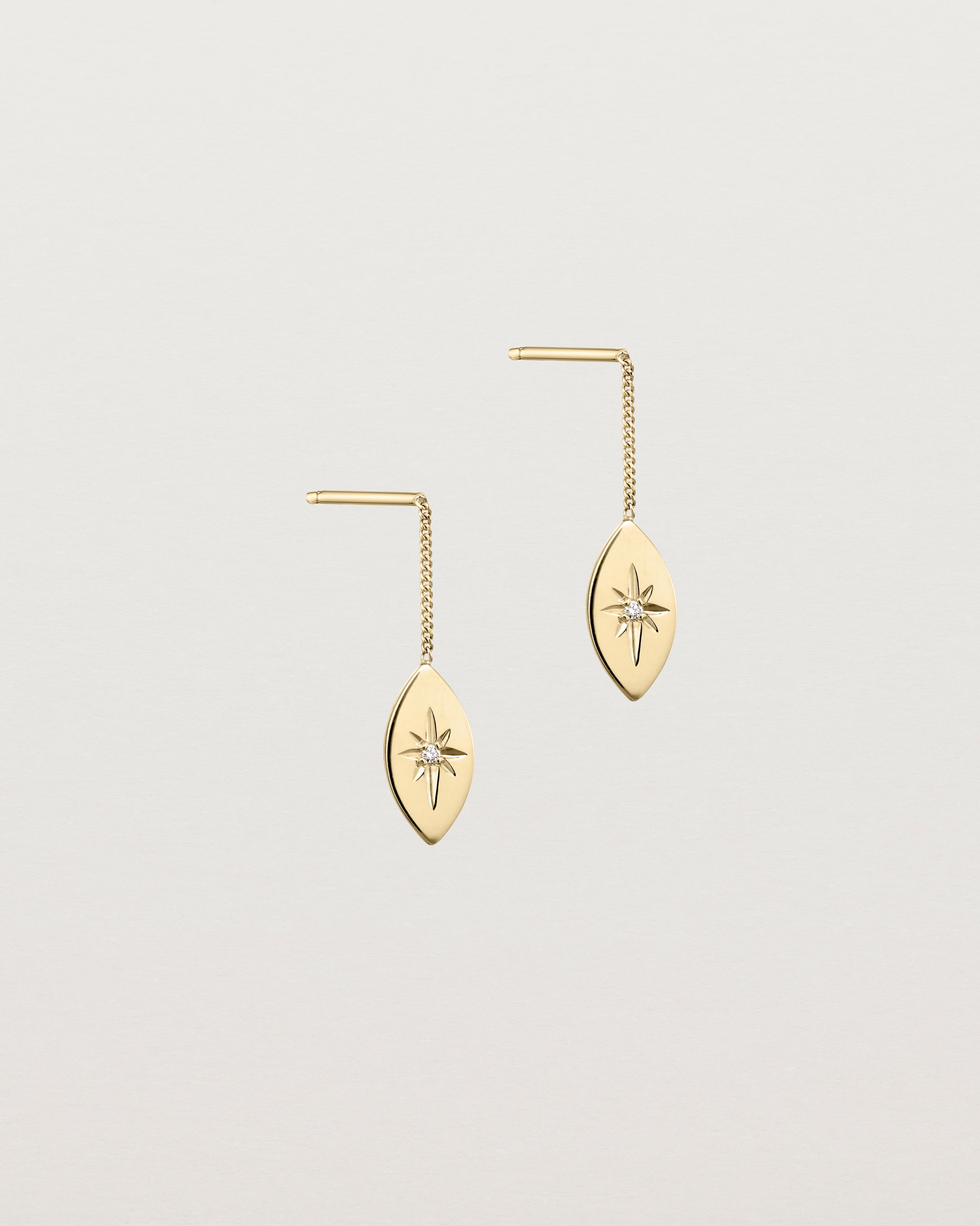 Angled view of the Willow Drop Earrings | Birthstone in yellow gold with a Diamond.