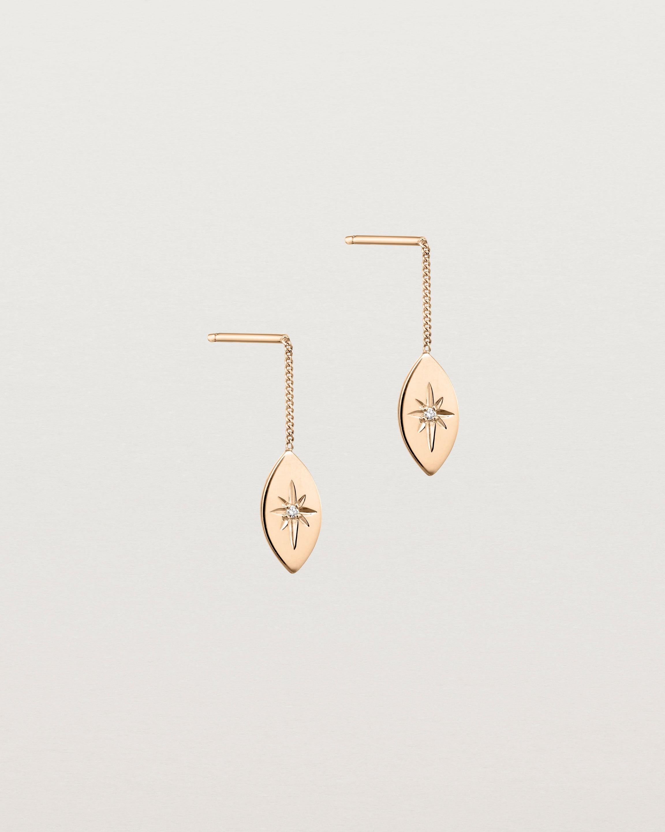 Angled view of the Willow Drop Earrings | Birthstone in rose gold with a Diamond.