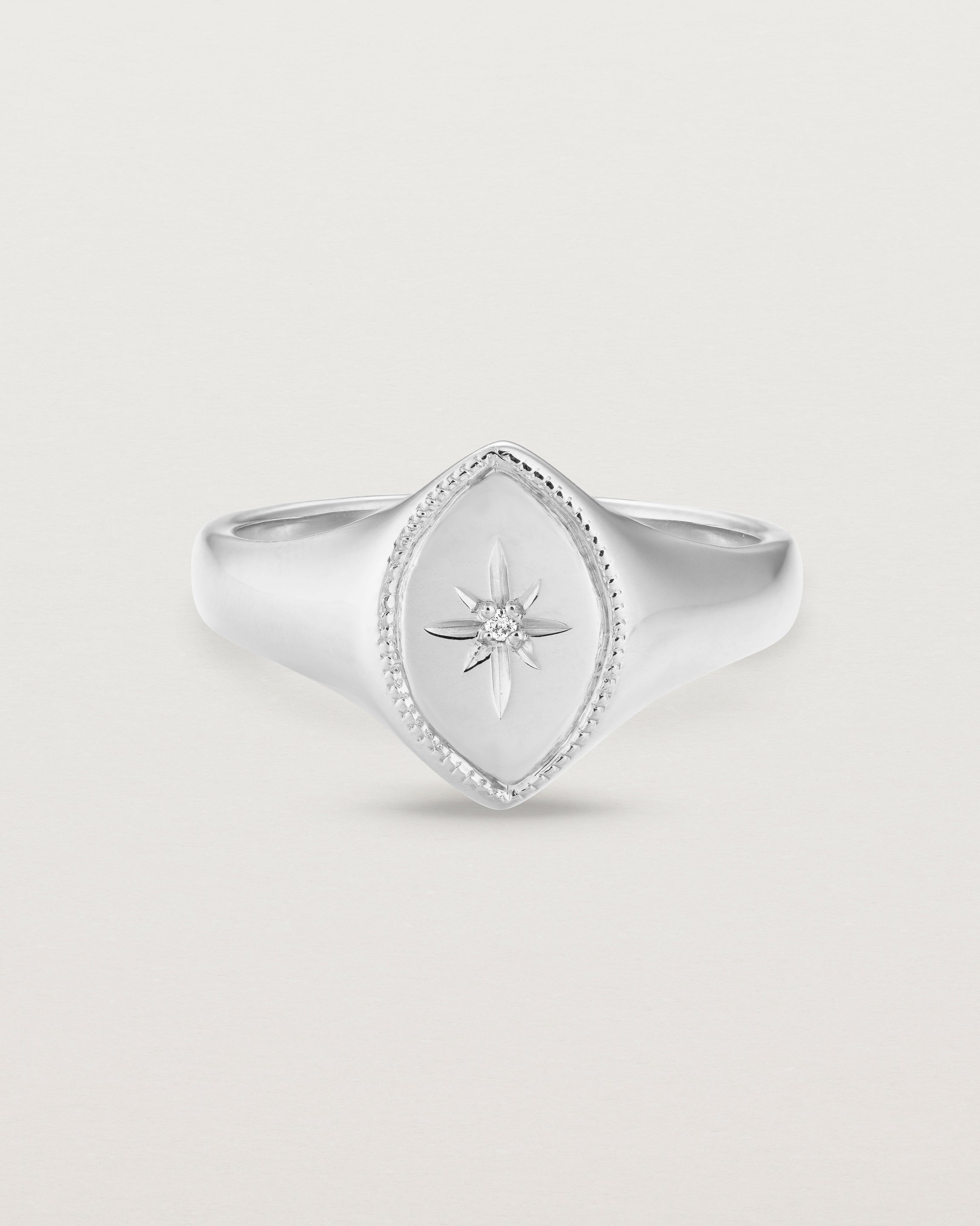 Front view of the Willow Millgrain Signet Ring | Birthstone in white gold.