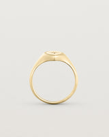 Standing view of the Willow Millgrain Signet Ring | Birthstone in yellow gold.