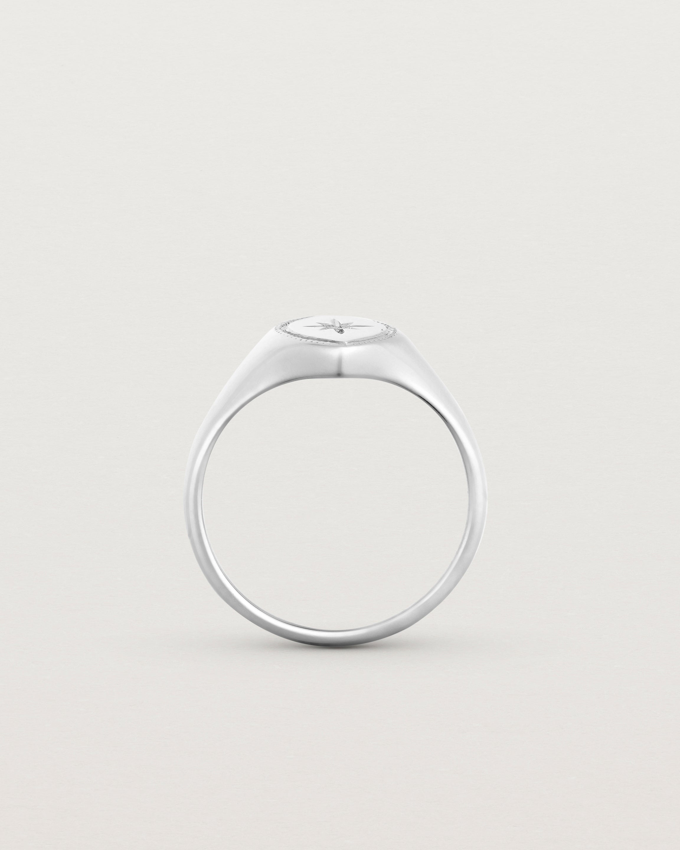 Standing view of the Willow Millgrain Signet Ring | Birthstone in white gold.