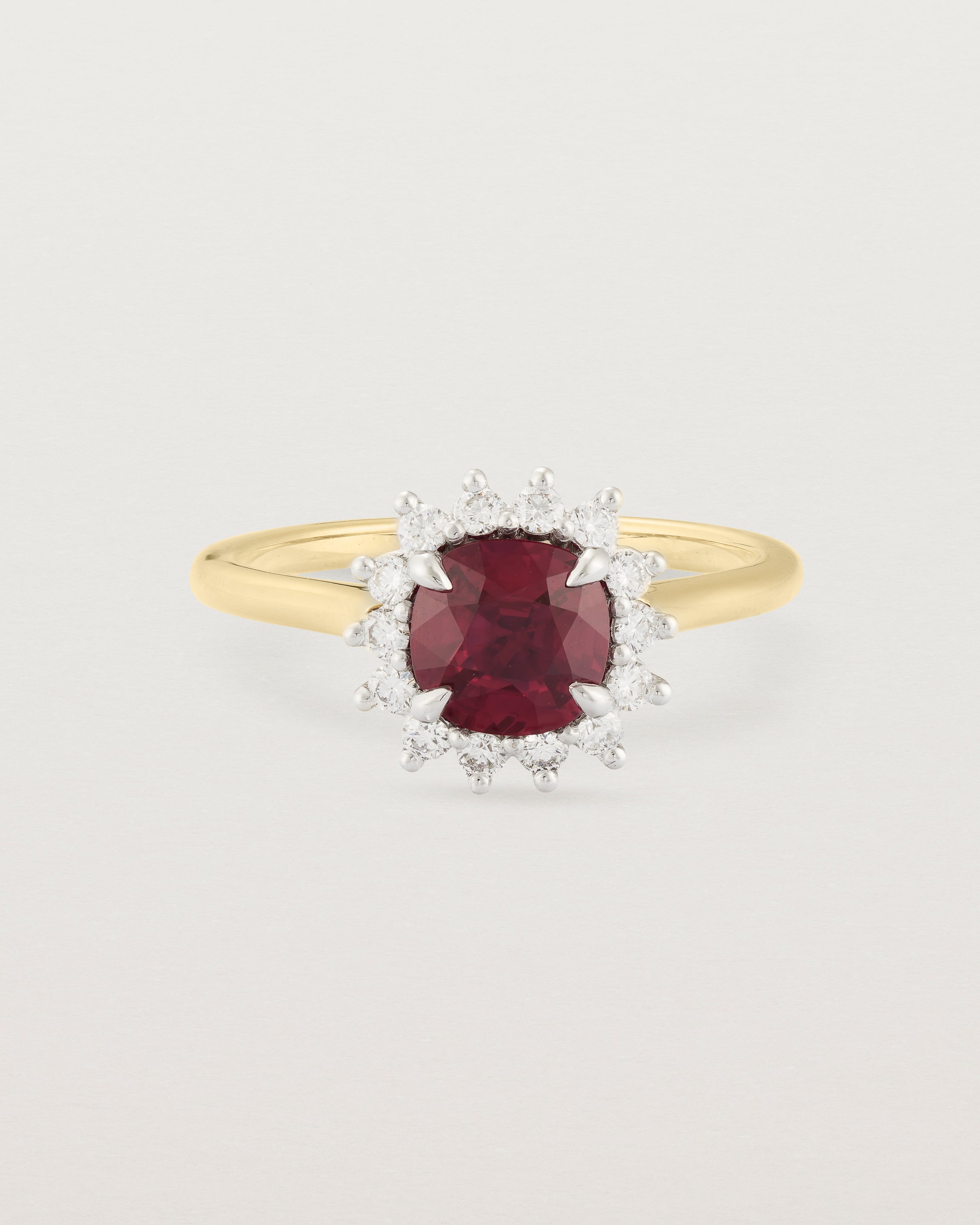 Front view of the Amelia Daisy Halo | Ruby & Diamond | Yellow Gold.
