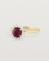 Angled view of the Amelia Daisy Halo | Ruby & Diamond | Yellow Gold.