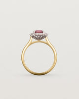 Standing view of the Amelia Daisy Halo | Ruby & Diamond | Yellow Gold.