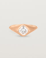 A rose gold Signet Ring featuring a cushion cut white diamond. _label: Matte Finish Example