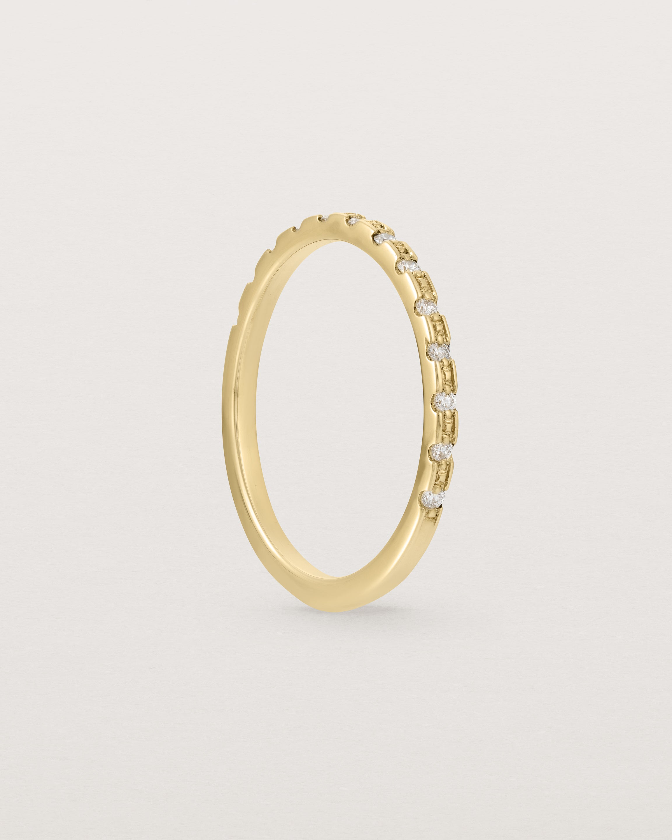 Standing View of Cascade Square Profile Wedding Ring | Diamonds | Yellow Gold