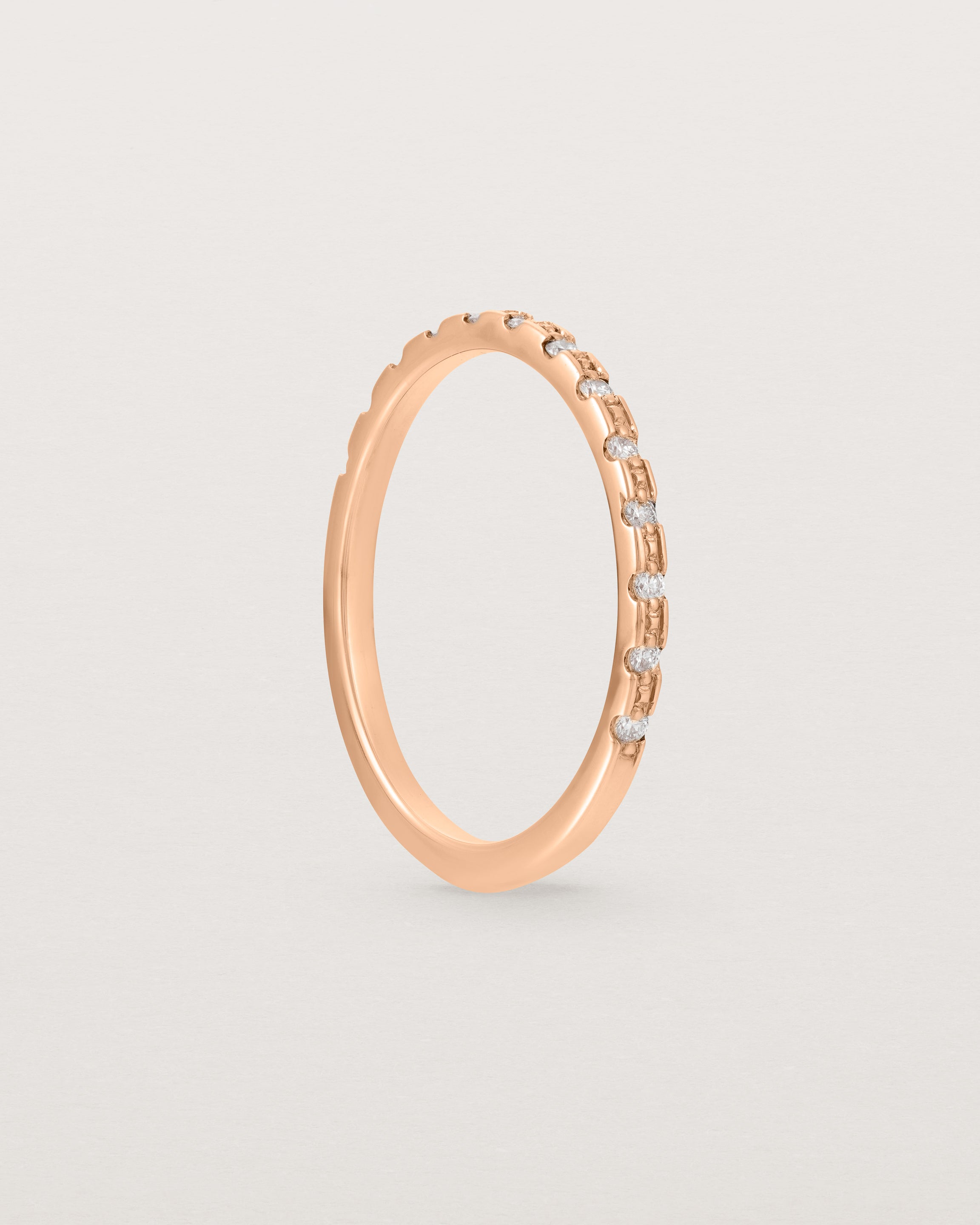 Standing View of Cascade Square Profile Wedding Ring | Diamonds | Rose Gold