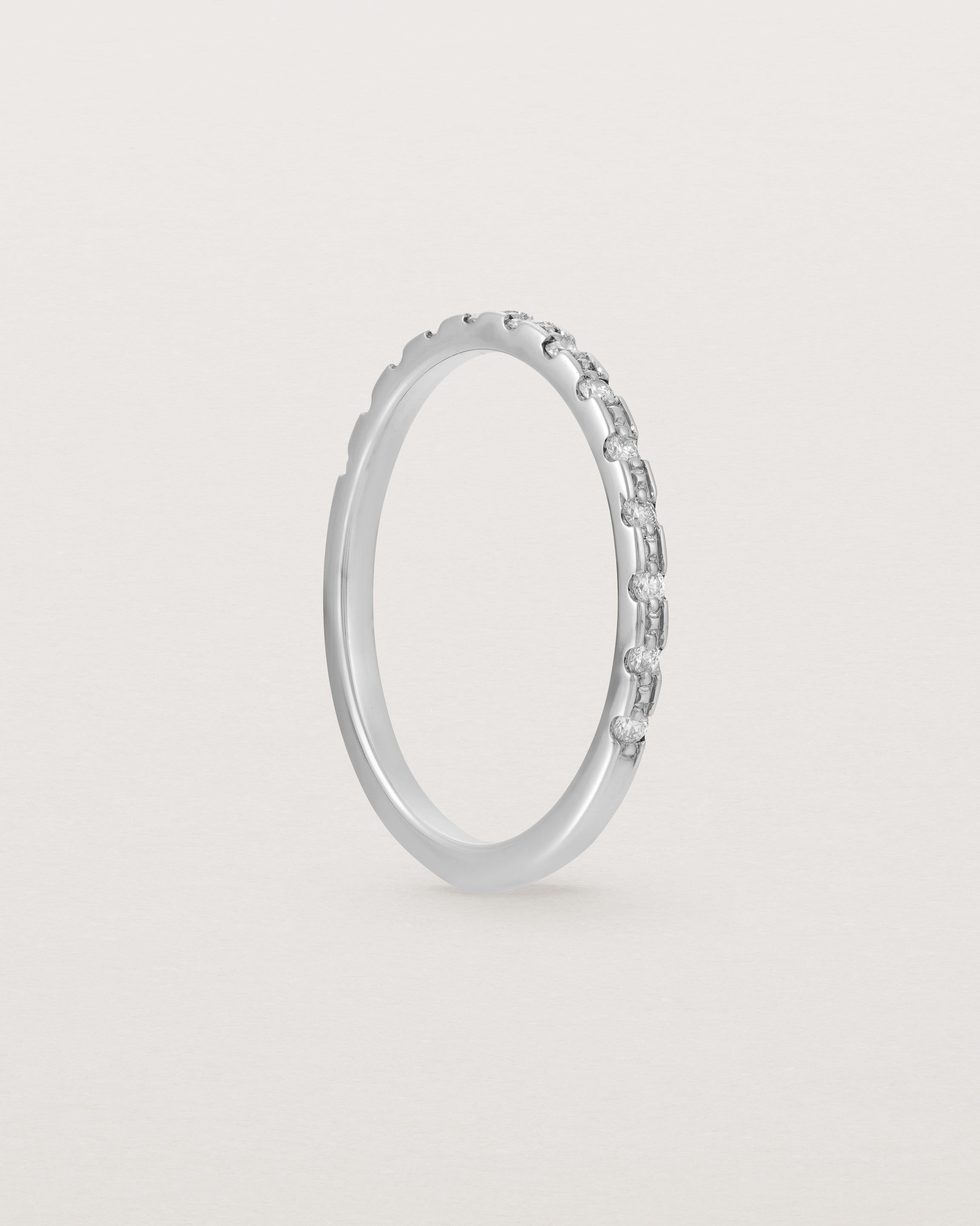 Standing View of Cascade Square Profile Wedding Ring | Diamonds | White Gold 