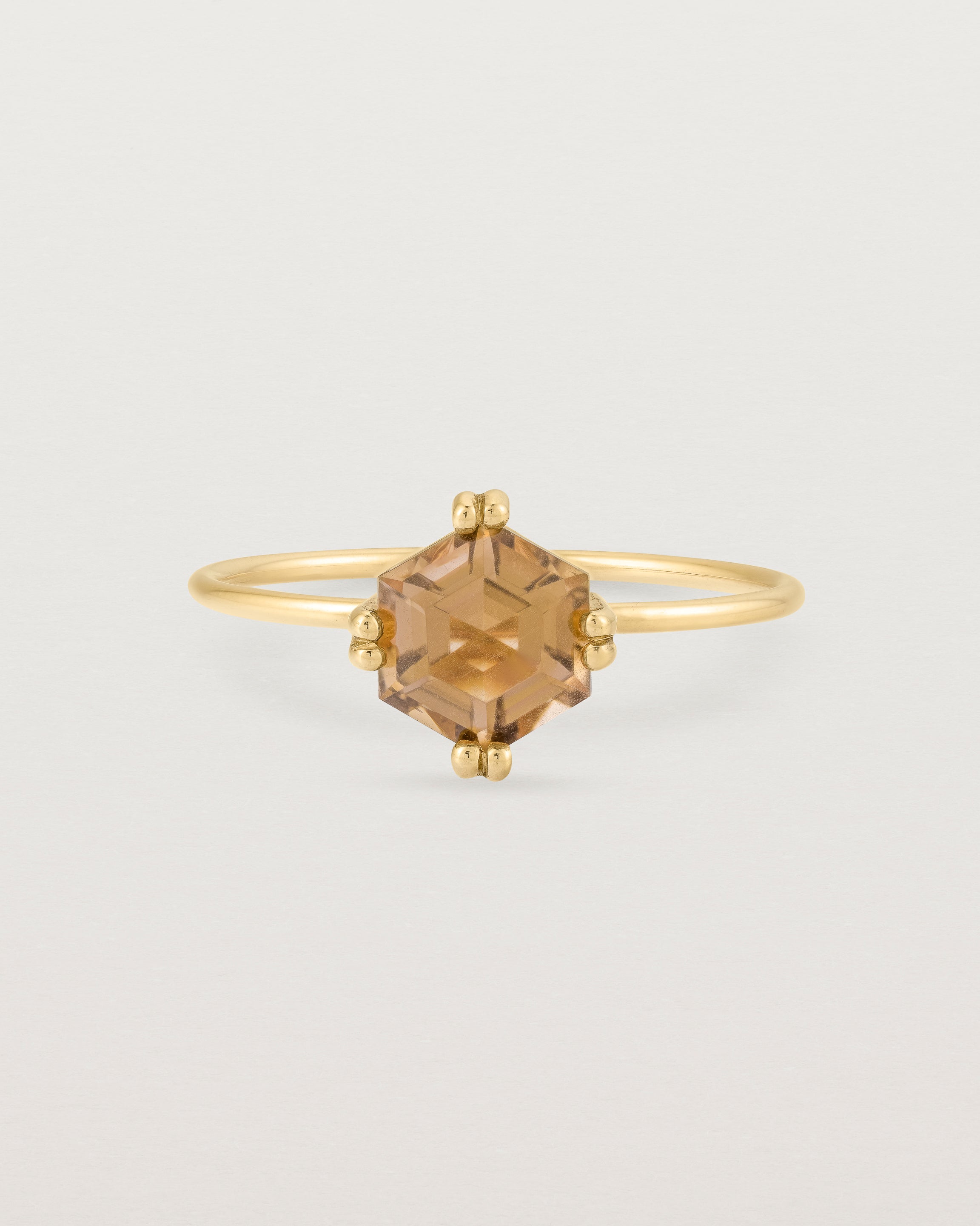 Front view of the Hexagon Ring | Smokey Quartz in Yellow Gold.