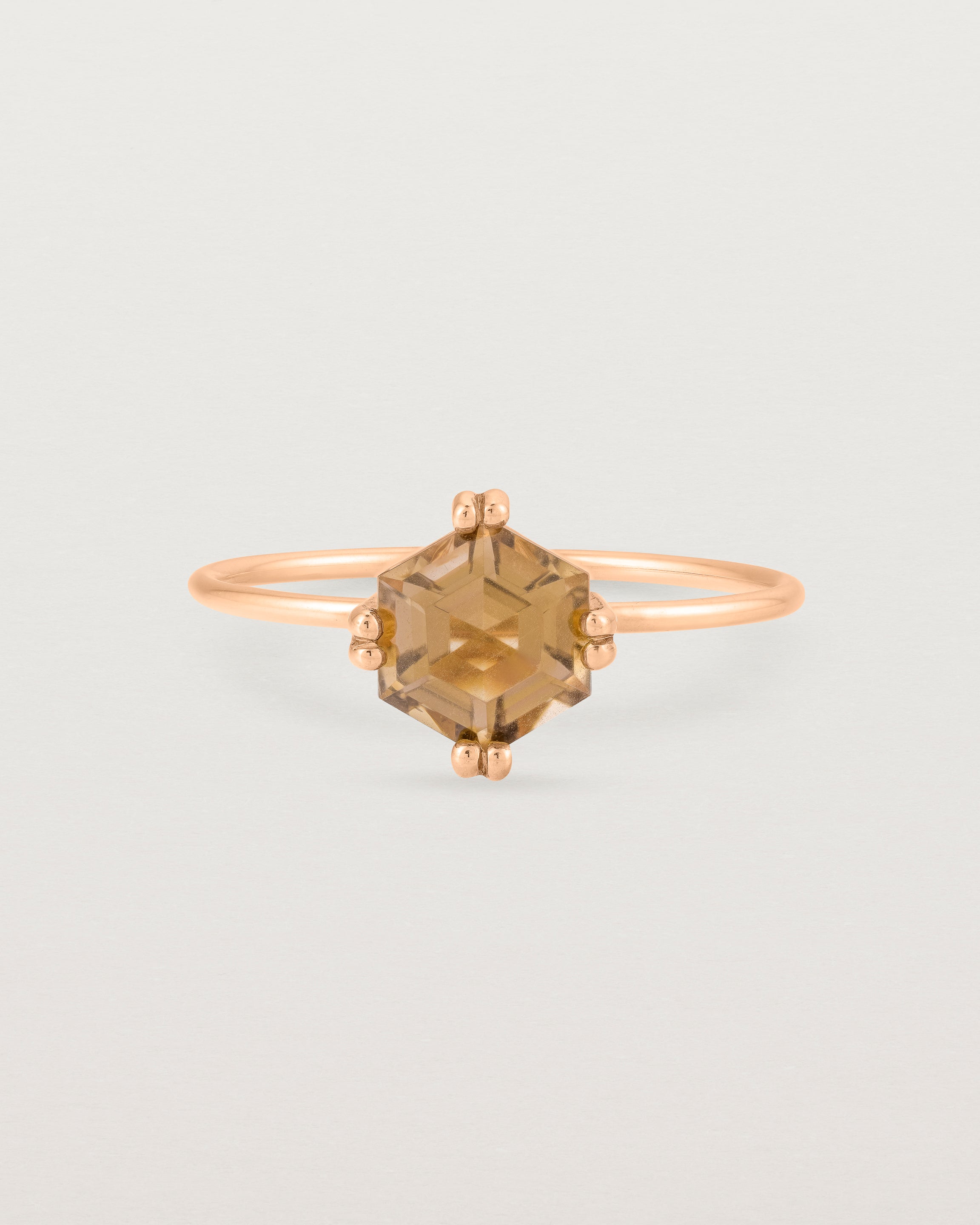 Front view of the Hexagon Ring | Smokey Quartz in Rose Gold.