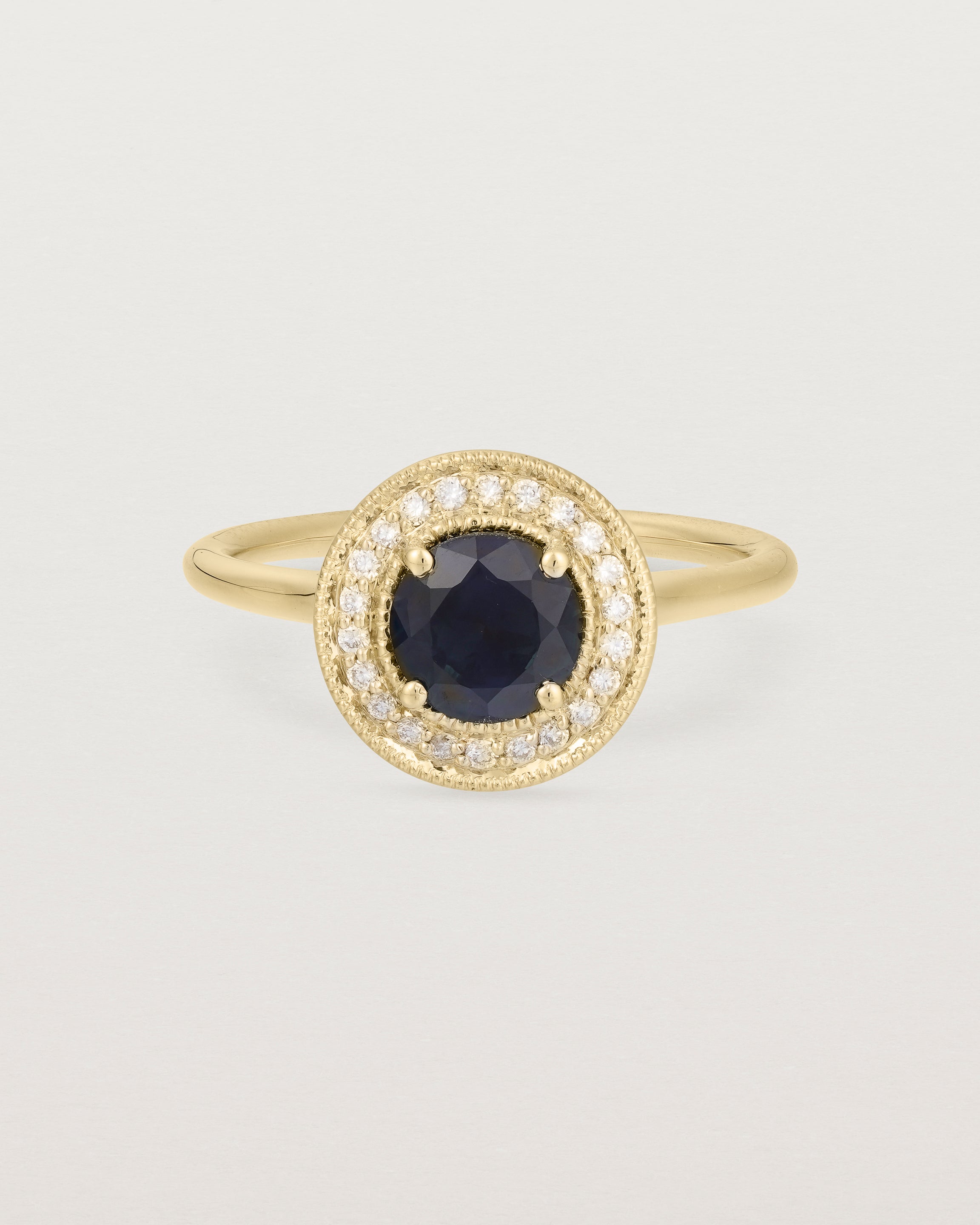 Front view of Imogen Halo Ring | Australian Sapphire & Diamonds in Yellow Gold.