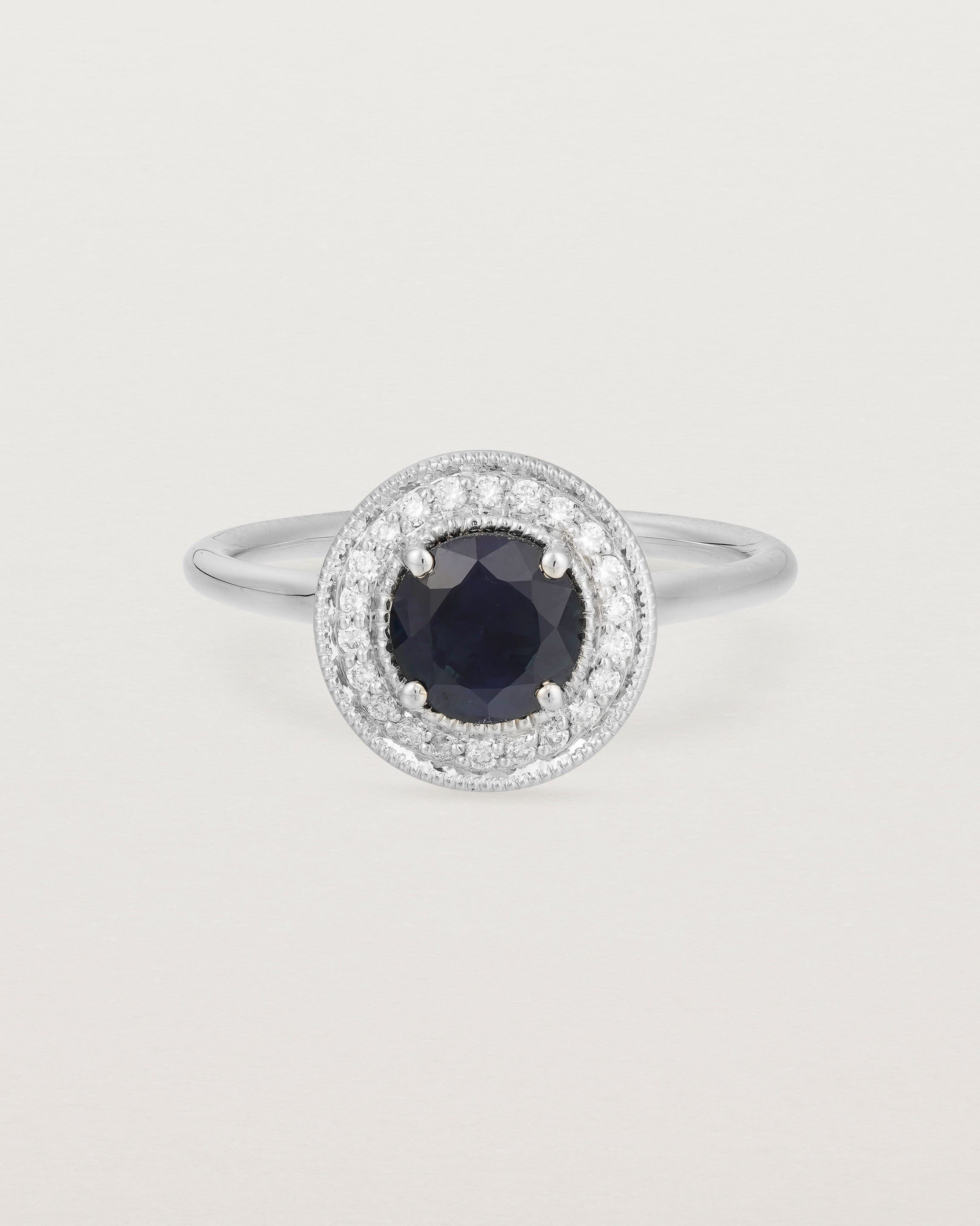 Front view of Imogen Halo Ring | Australian Sapphire & Diamonds in White Gold.