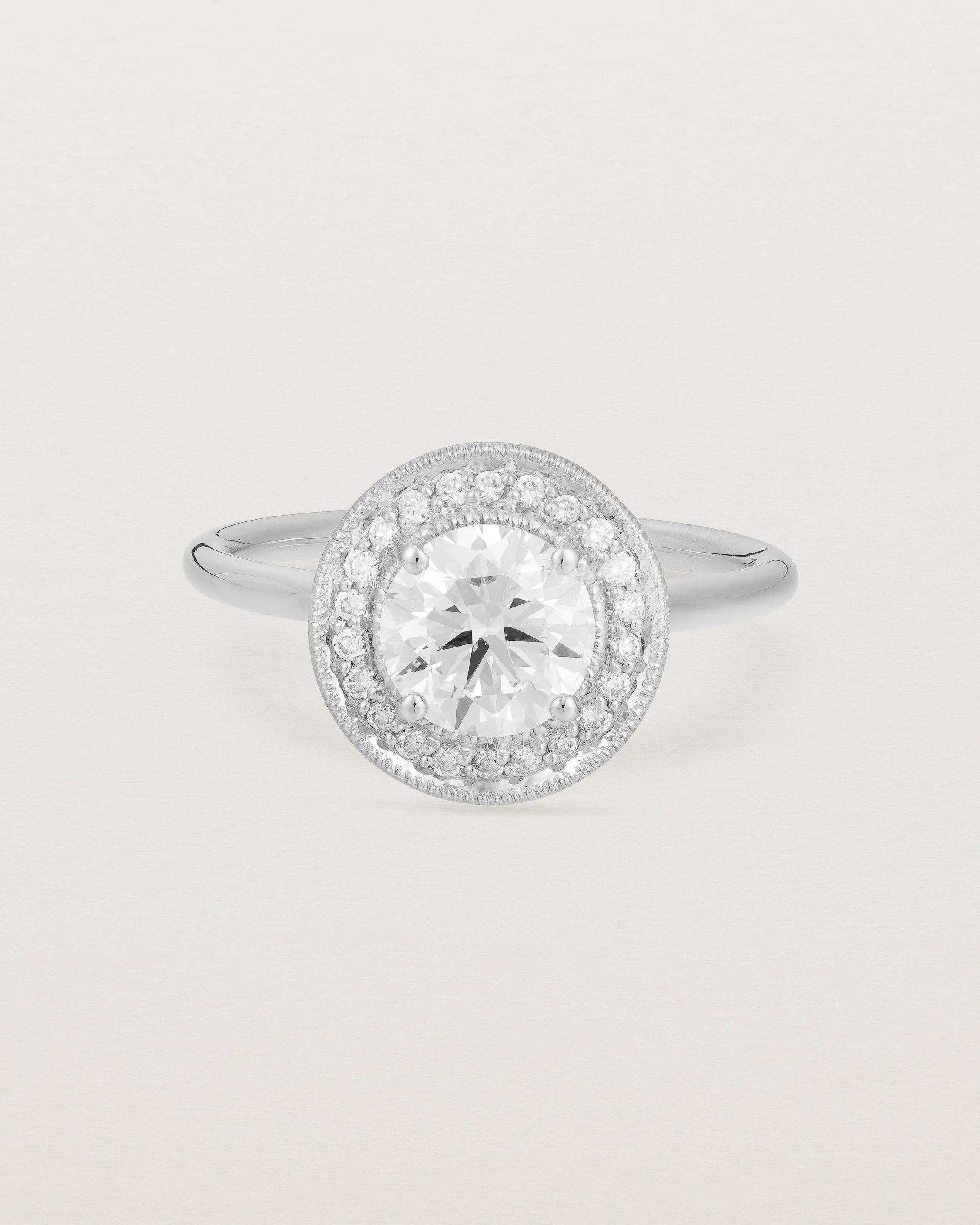 Front view of the Imogen Halo Ring | Laboratory Grown Diamonds in White Gold.