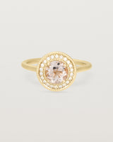 Front view of the Imogen Halo Ring | Morganite & Diamonds in Yellow Gold.