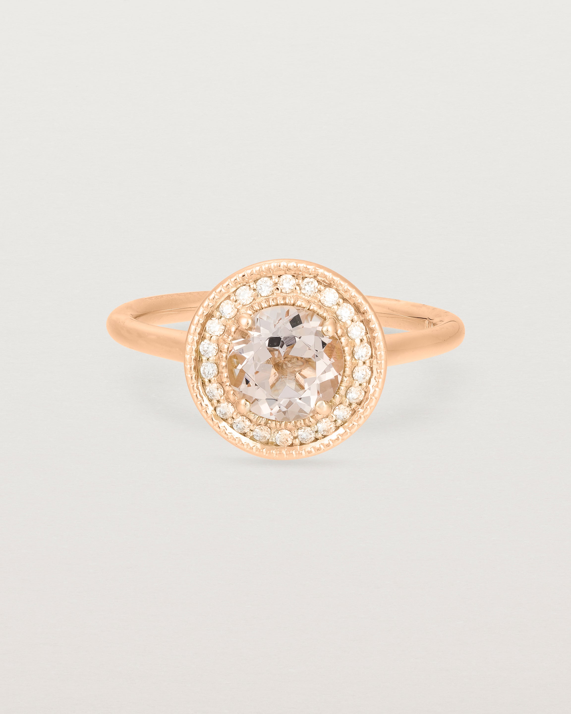 Front view of the Imogen Halo Ring | Morganite & Diamonds in Rose Gold.