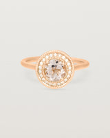 Front view of the Imogen Halo Ring | Morganite & Diamonds in Rose Gold.
