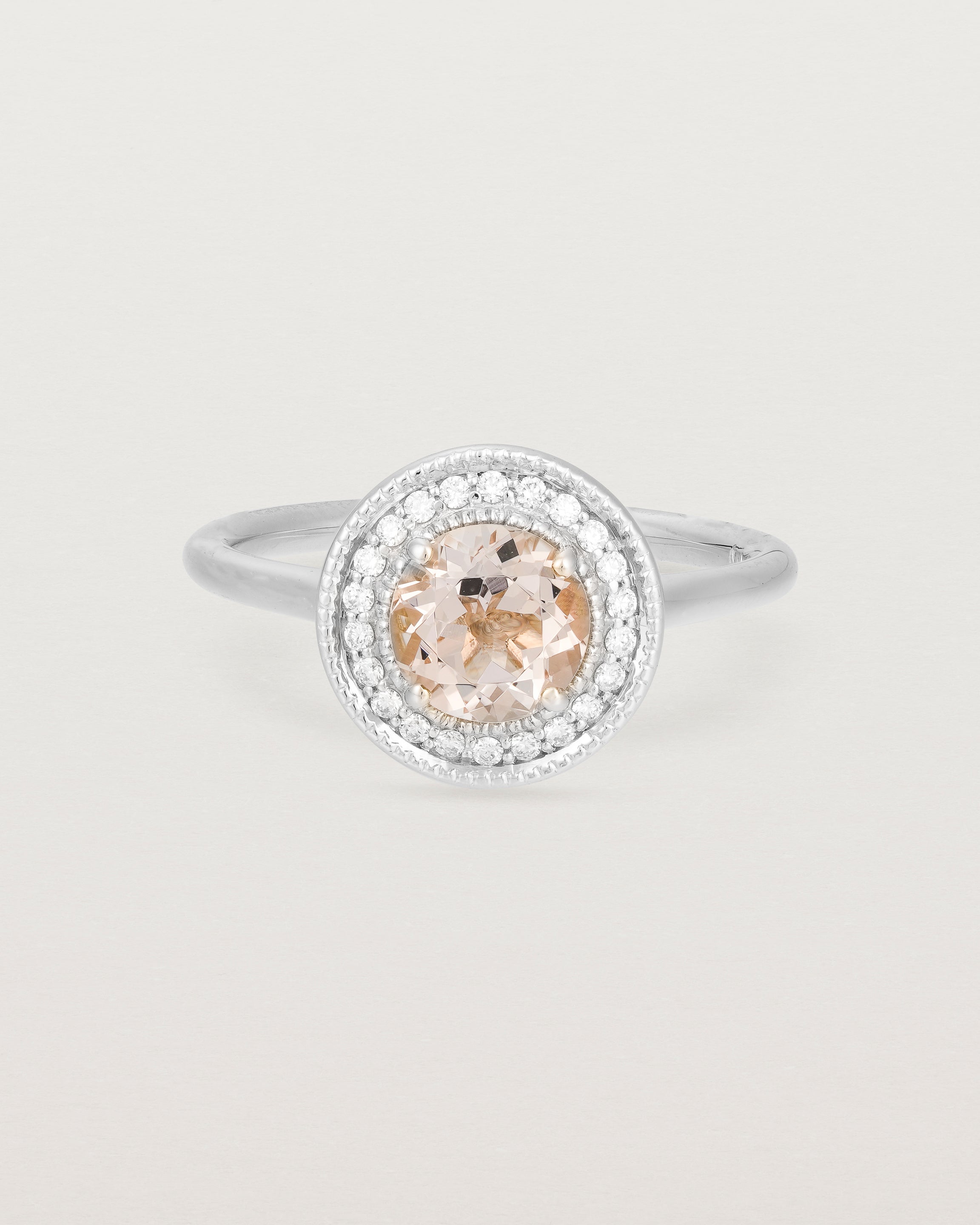 Front view of the Imogen Halo Ring | Morganite & Diamonds in White Gold.