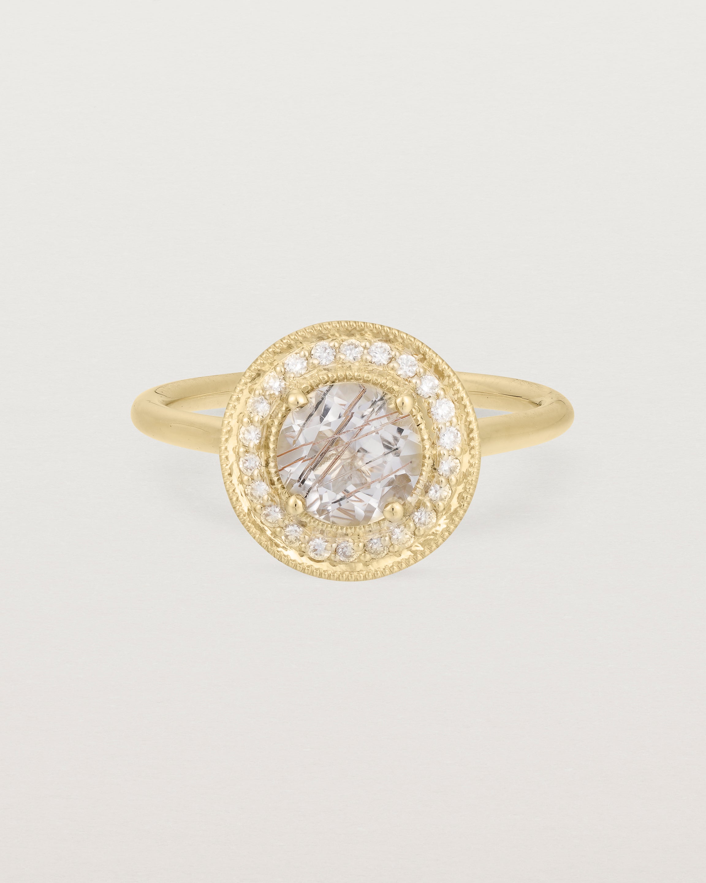 Front view of the Imogen Halo Ring | Rutilated Quartz & Diamonds in Yellow Gold.