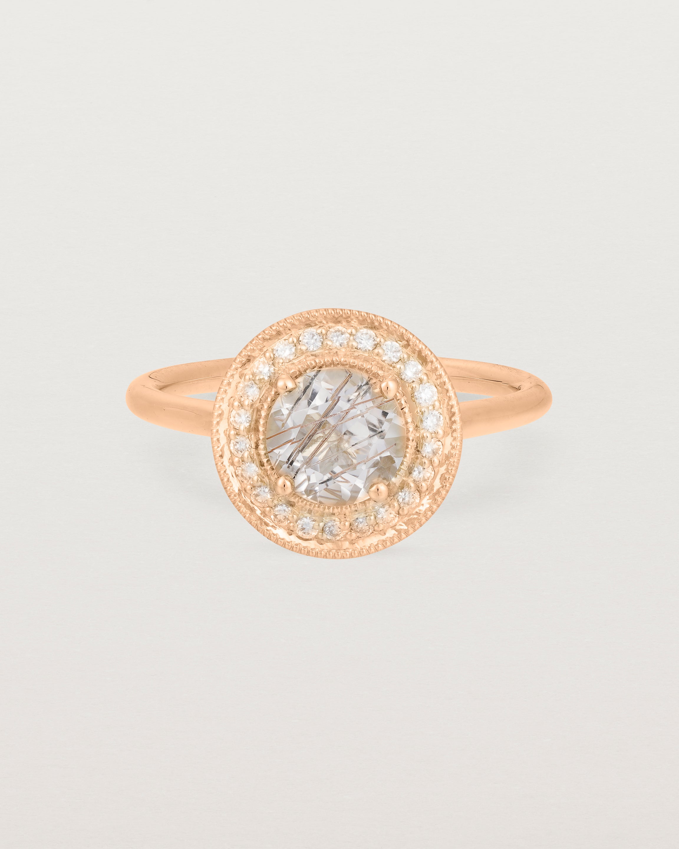 Front view of the Imogen Halo Ring | Rutilated Quartz & Diamonds in Rose Gold.