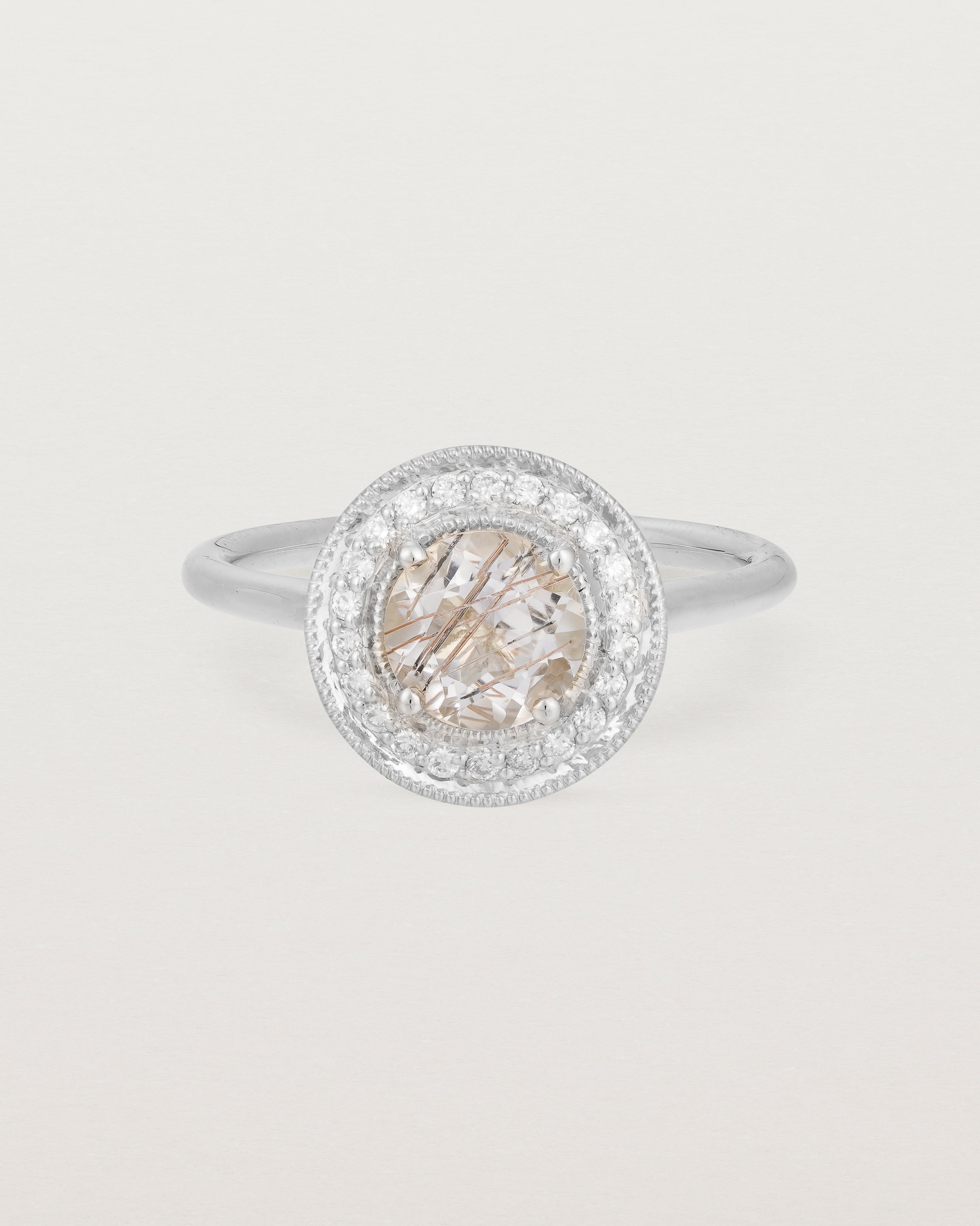 Front view of the Imogen Halo Ring | Rutilated Quartz & Diamonds in White Gold.
