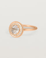 Angled view of the Imogen Halo Ring | Rutilated Quartz & Diamonds in Rose Gold.