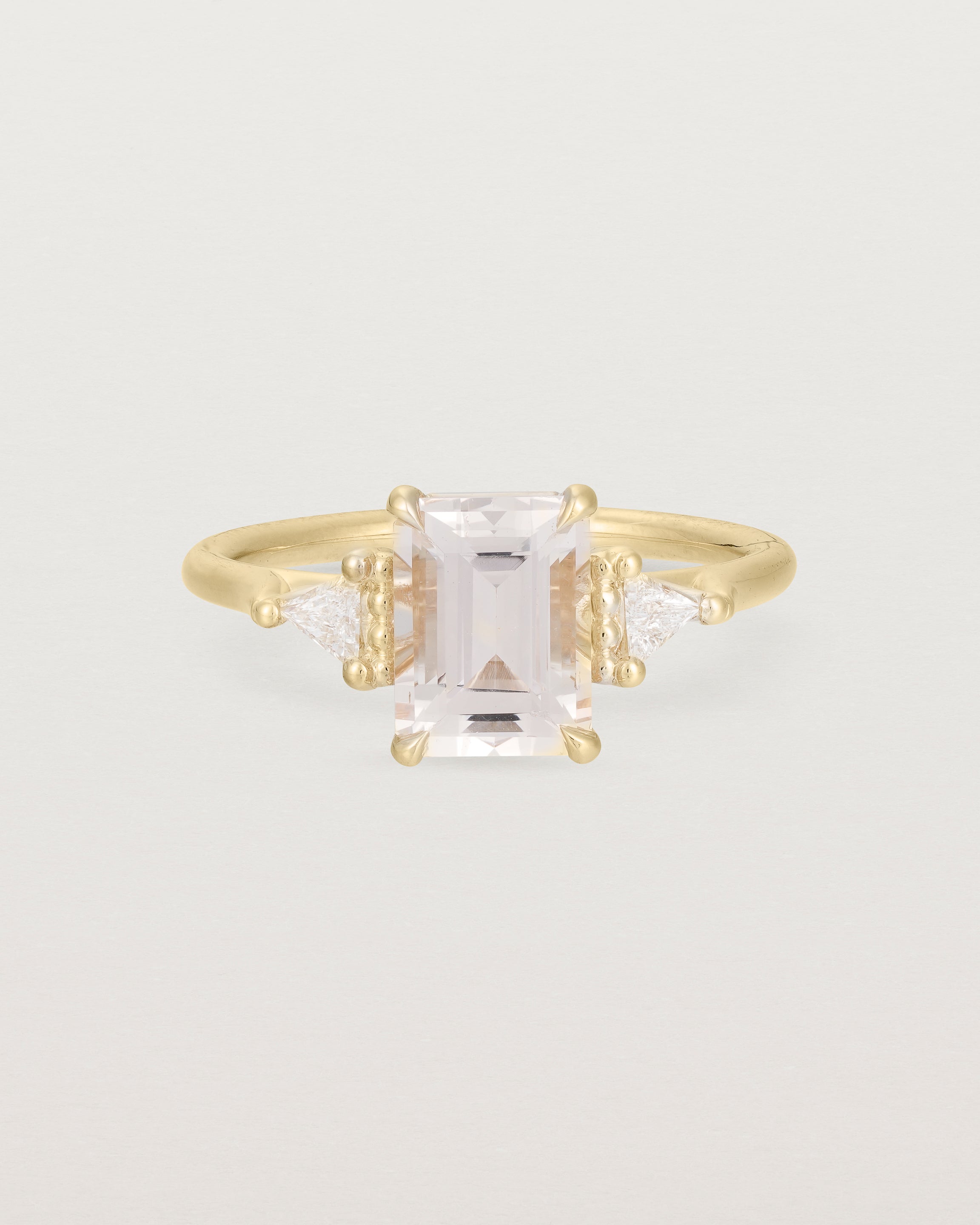 Front view of the Lille Ring | Morganite & Diamonds in Yellow Gold.