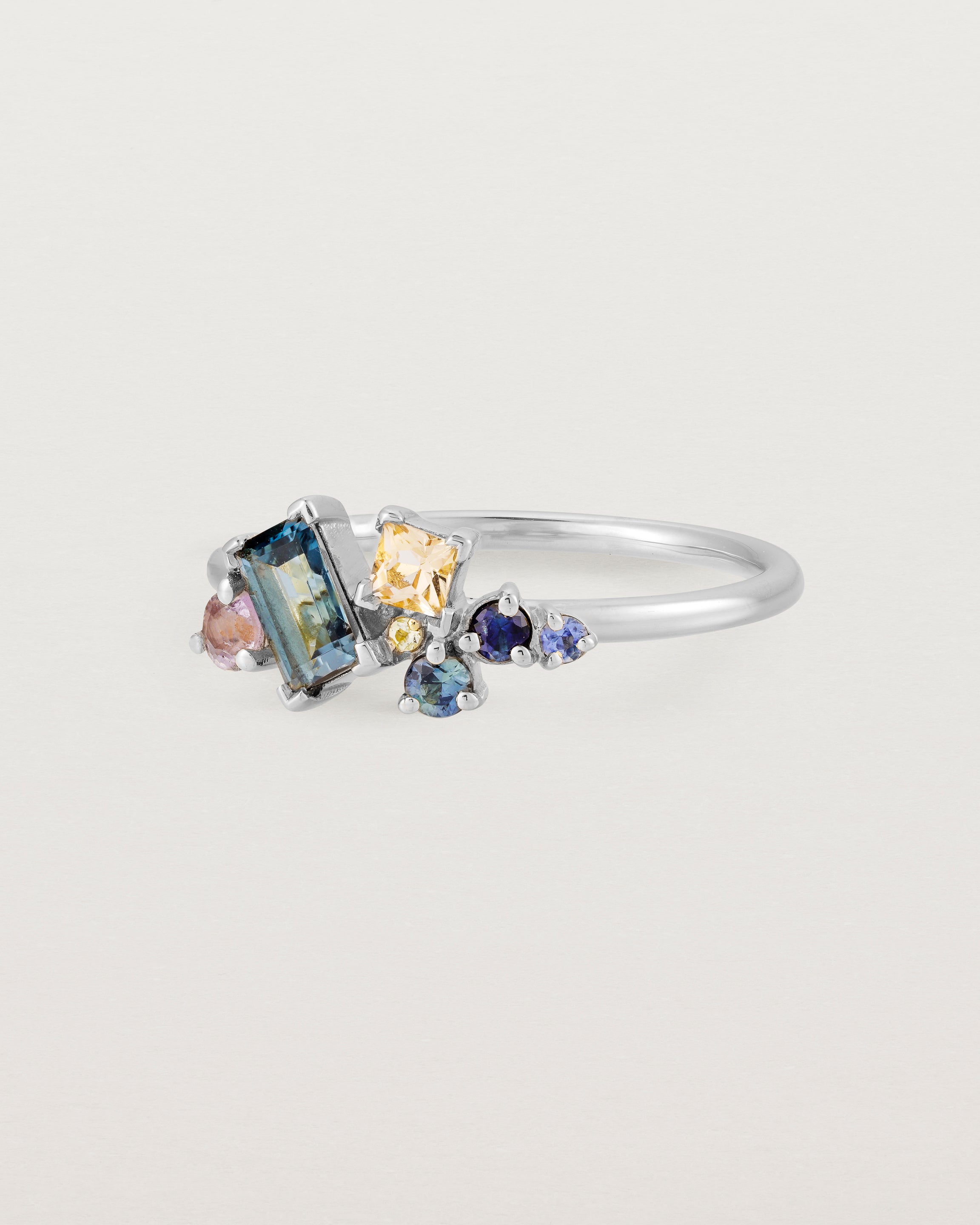 Angled view of the Mei Cluster Ring | Coloured Stones in White Gold.