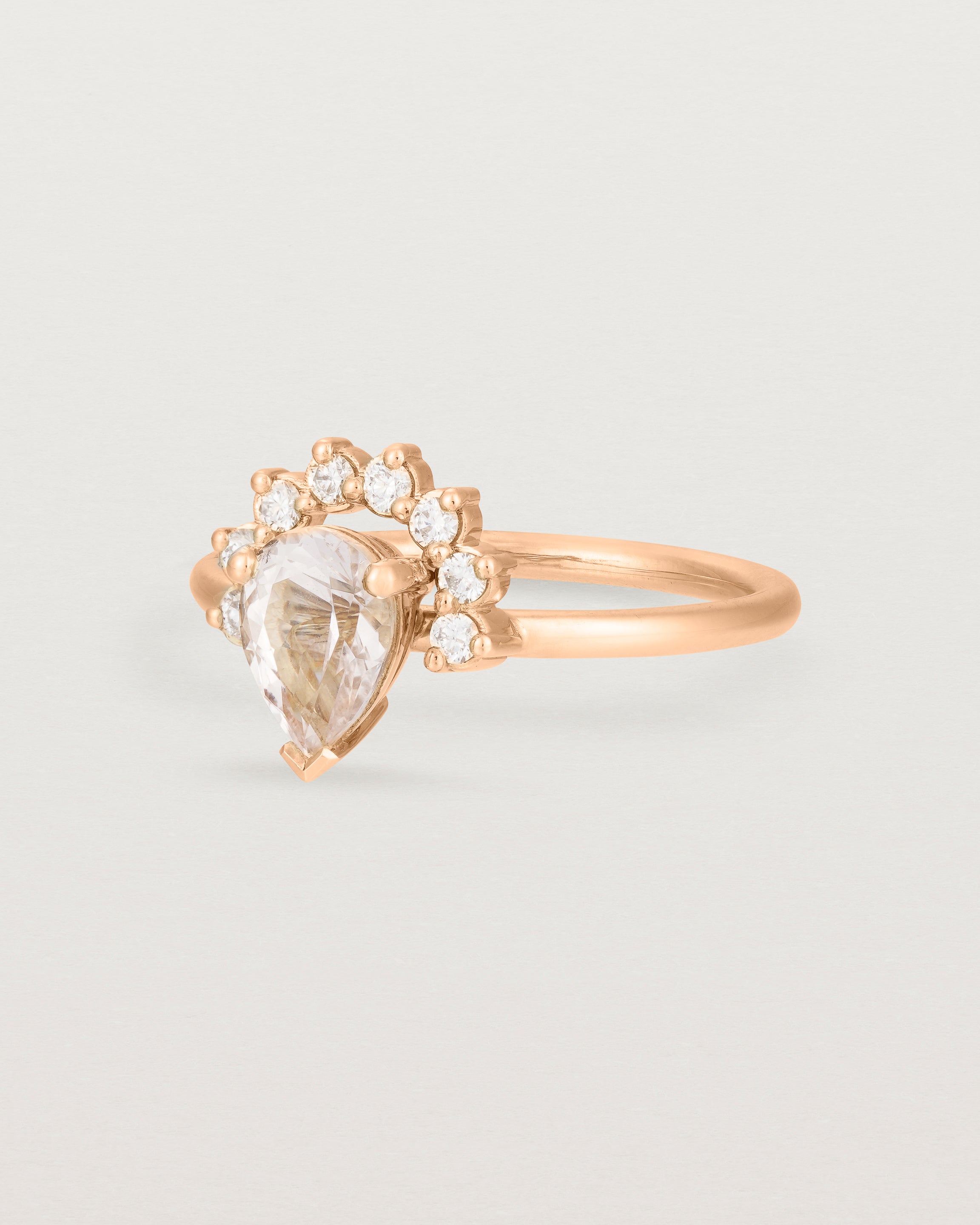 Angled view of the Rose Ring | Morganite & Diamonds | Rose Gold.