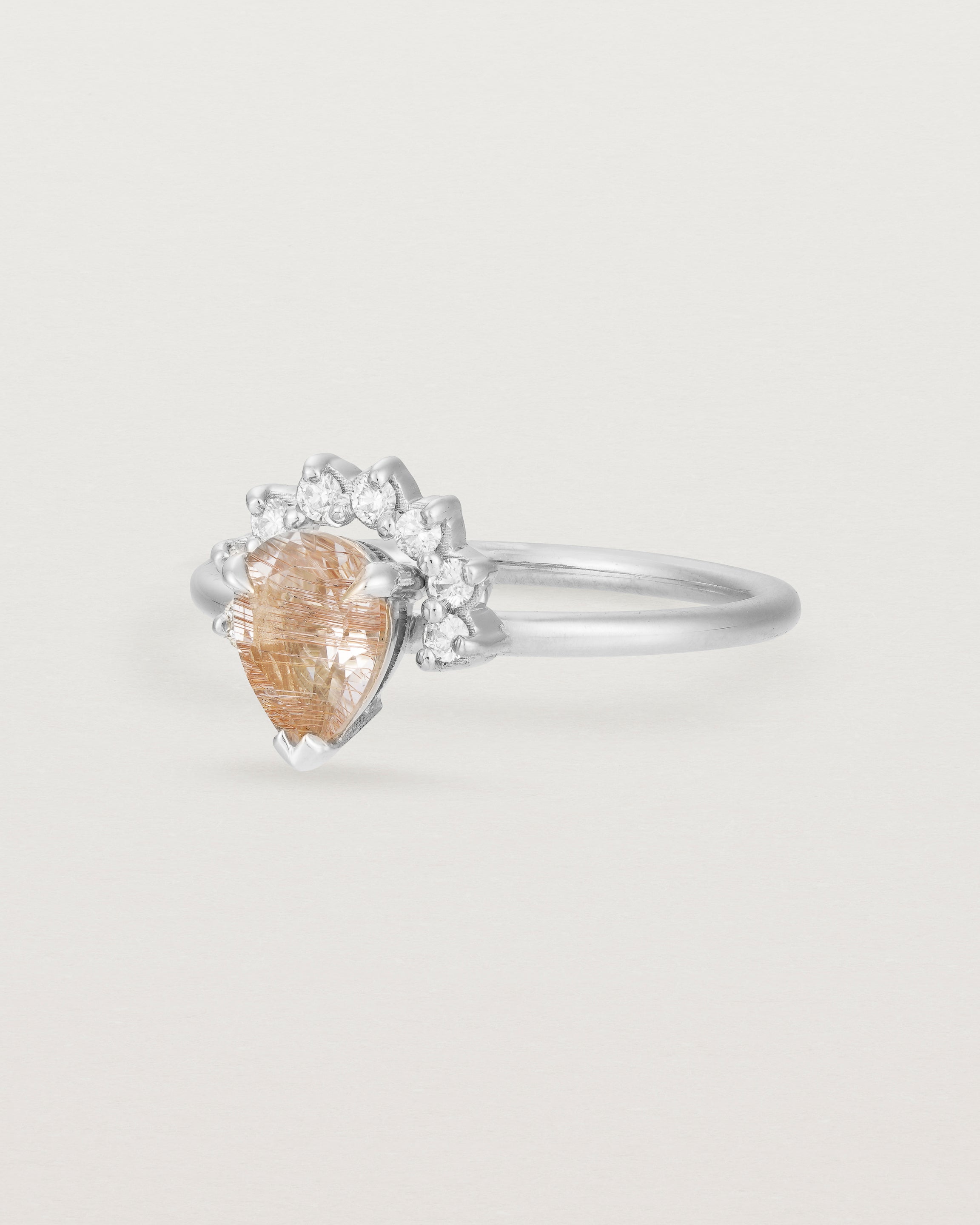 Angled view of the Rose Ring | Rutilated Quartz & Diamonds | White Gold.