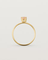 A fine yellow gold ring featuring a pear shaped pink morganite stone