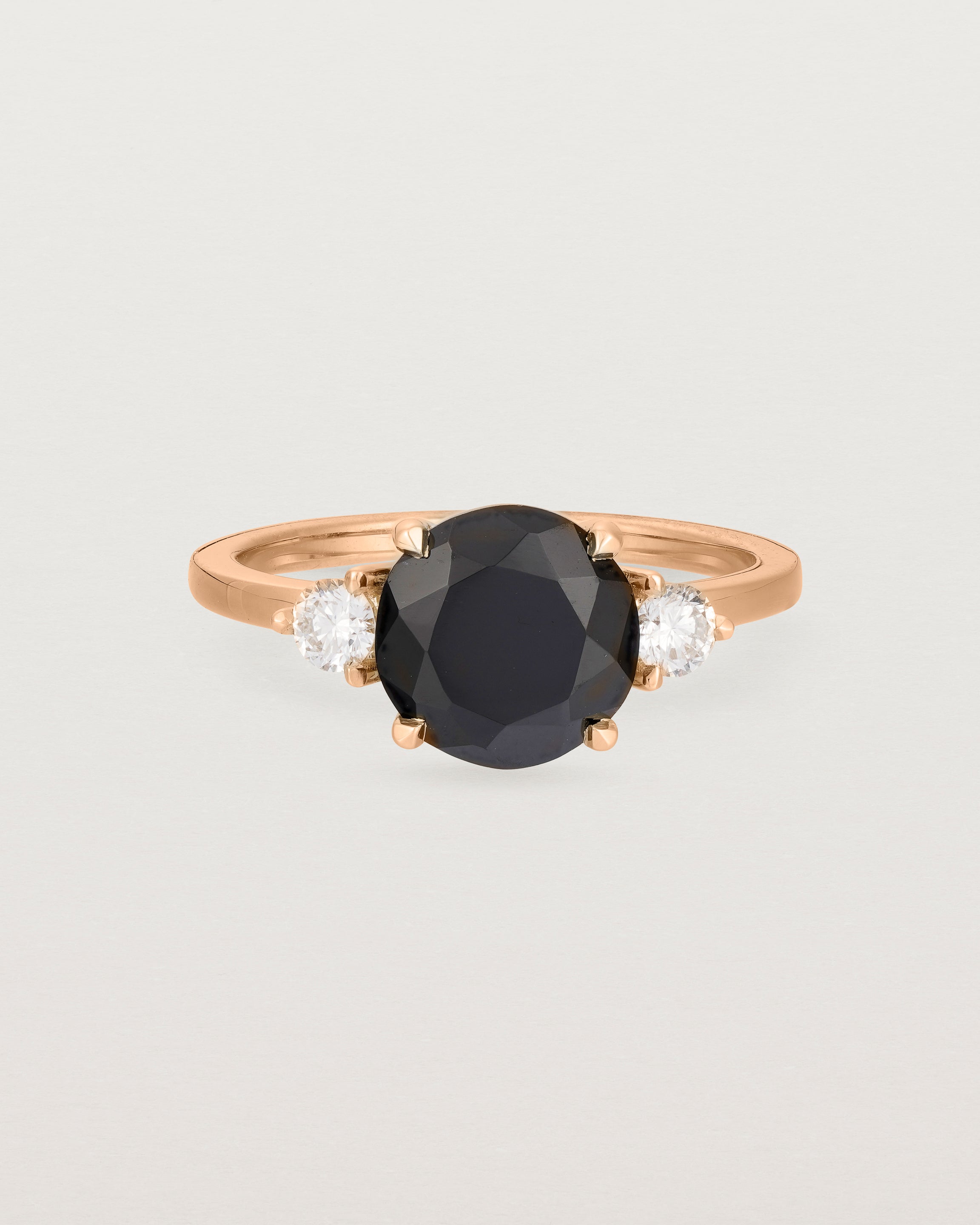 Front view of the Una Round Trio Ring | Black Spinel & Diamonds | Rose Gold.