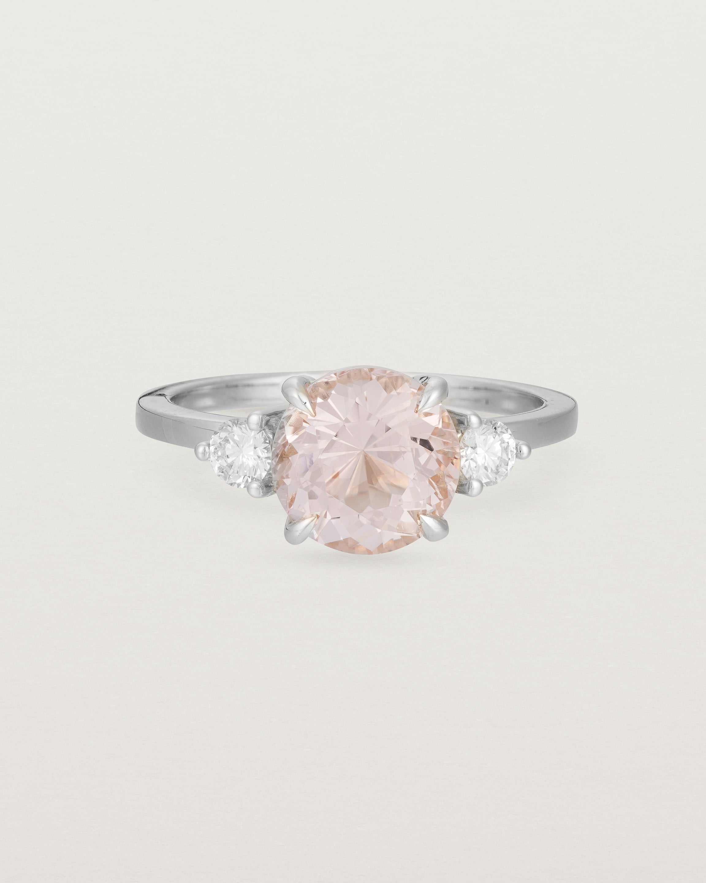 Front view of the Una Round Trio Ring | Morganite & Diamonds | White Gold. 