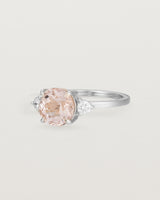 Angled view of the Una Round Trio Ring | Morganite & Diamonds | White Gold. 