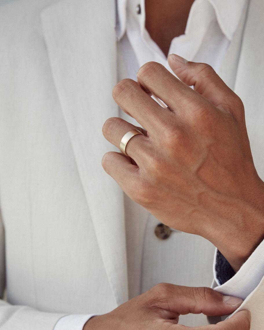Wide Chamfered ring on male hand