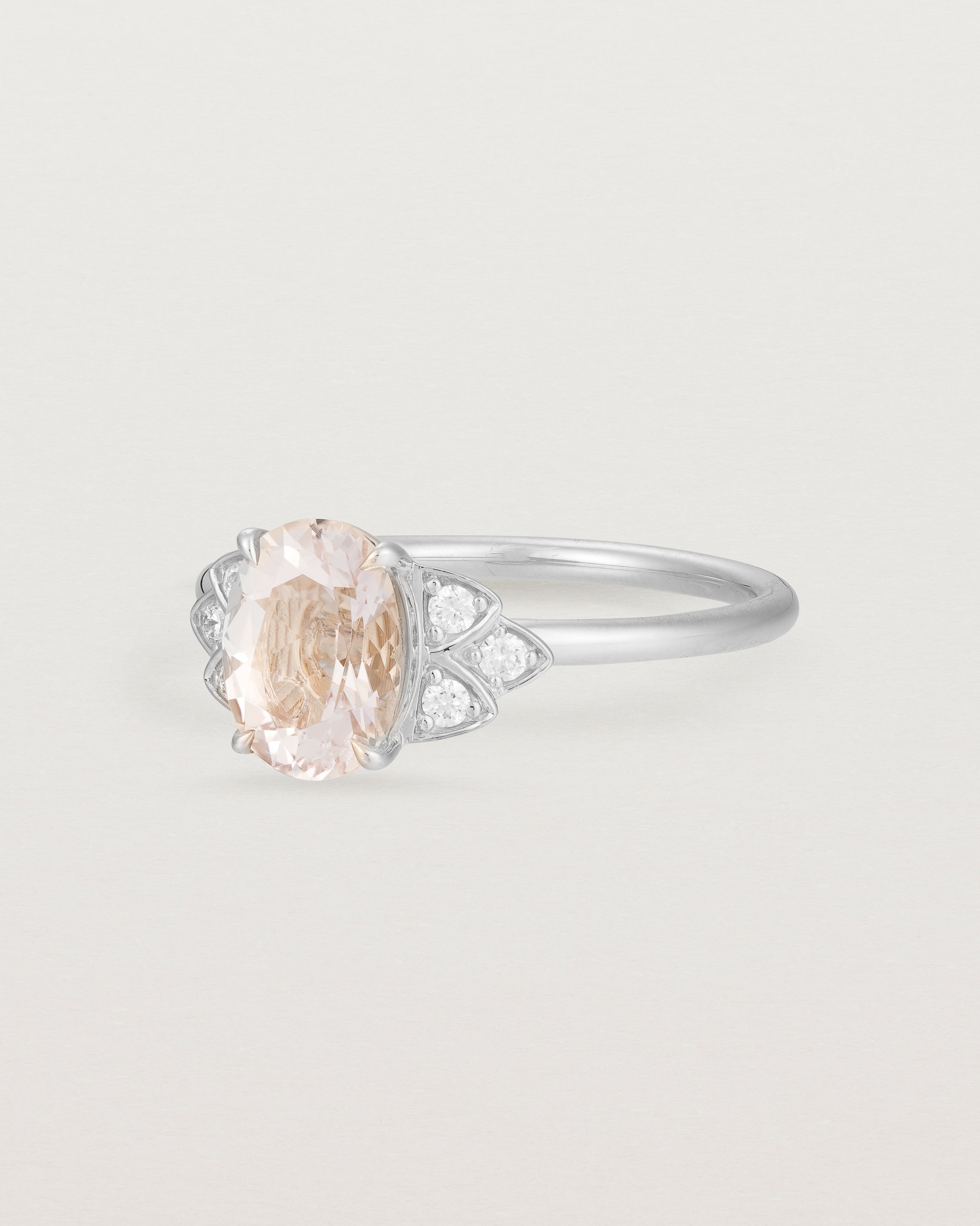 Angled view of the Winnie Ring | Morganite & Diamonds | White Gold.