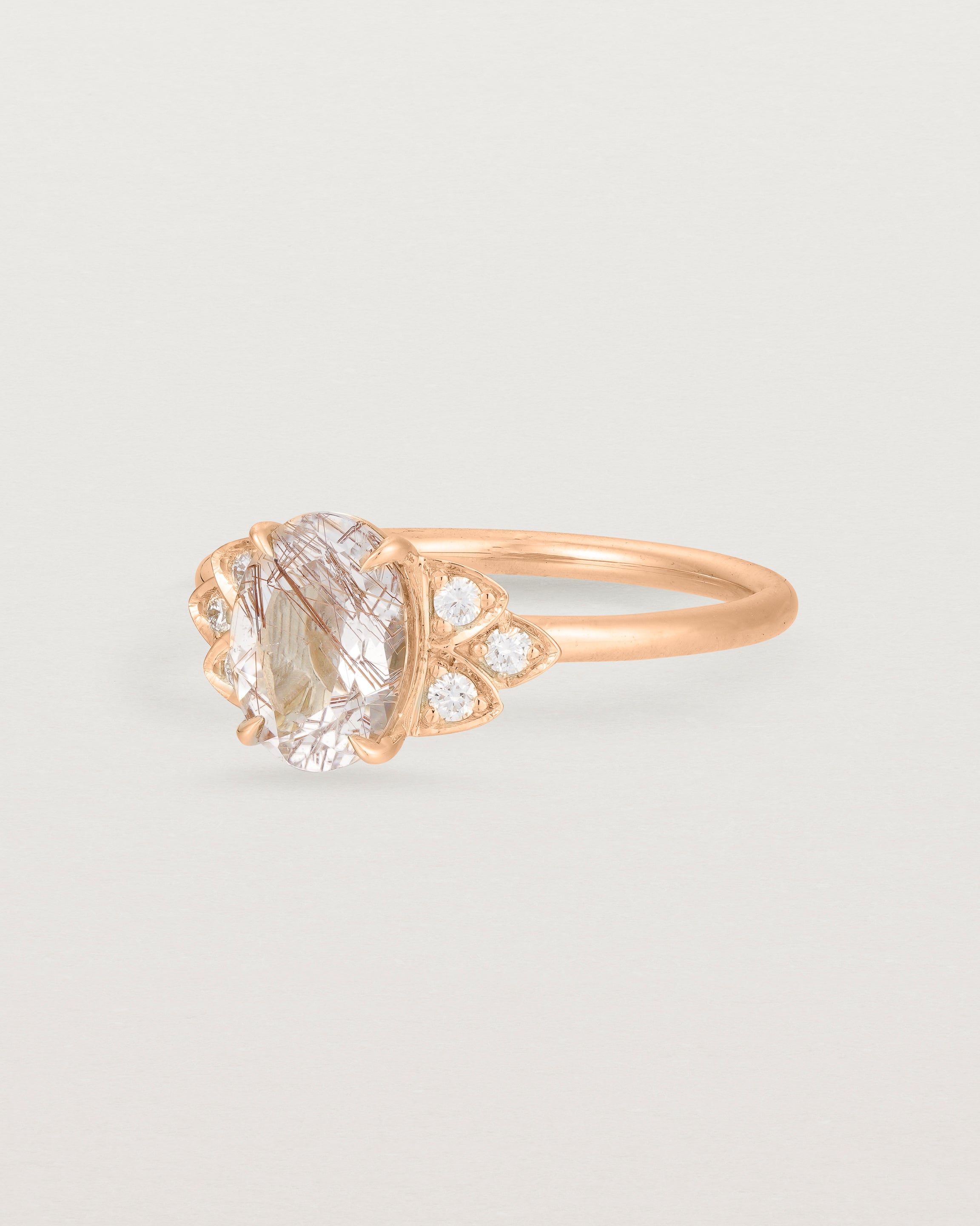 Angled view of the Winnie Ring | Rutilated Quartz & Diamonds | Rose Gold.